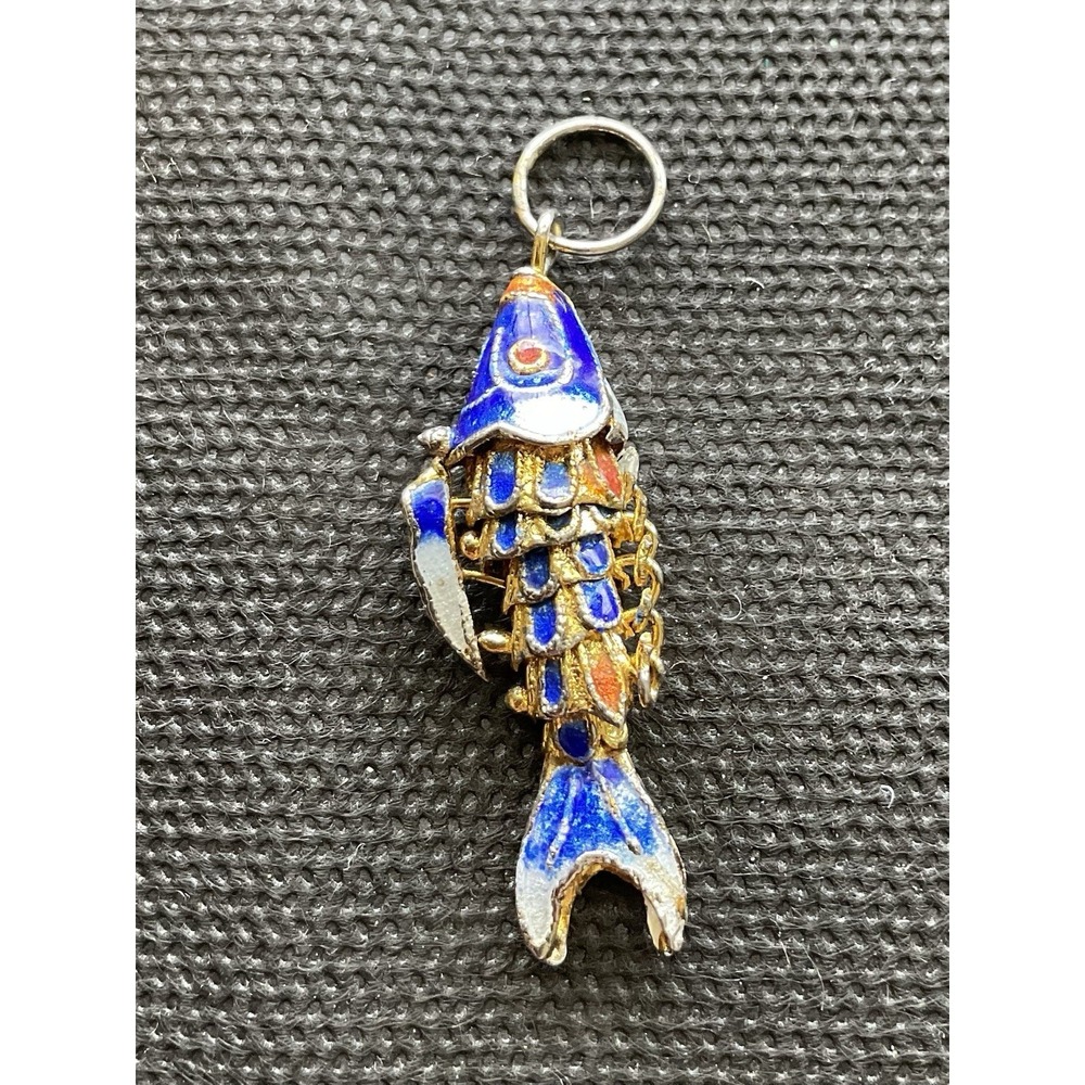 articulated koi fish pendant vibrant blue and gold enamel Cloisonné